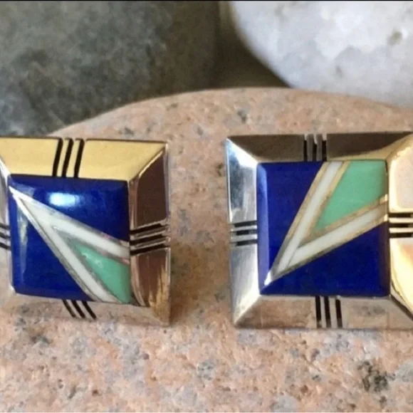 Vintage Gilbert Nelson Native American Lapis Turquoise Navajo Earrings - Picture 6 of 14